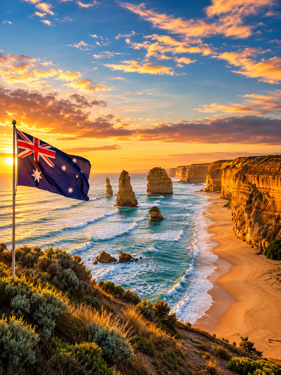Drapeau australien face aux falaises et à l’océan au coucher du soleil.