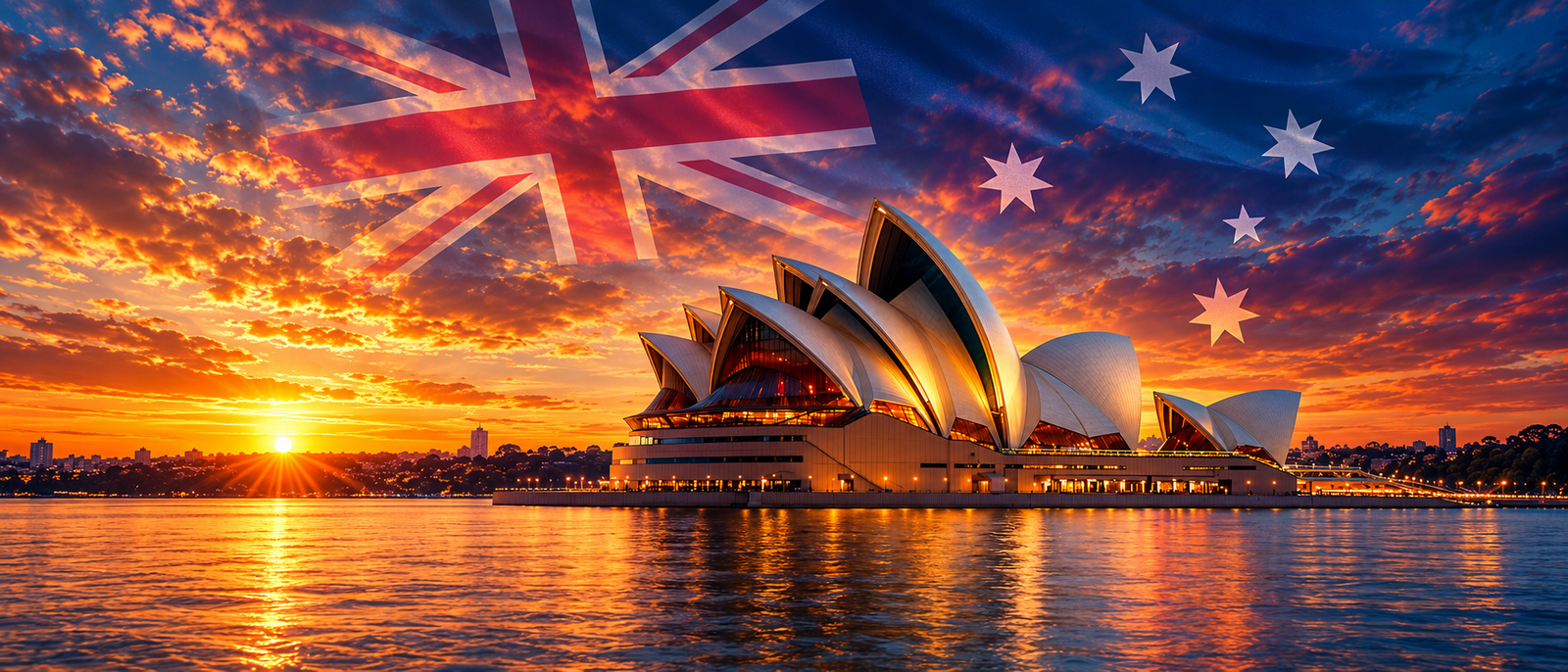 Opéra de Sydney au coucher du soleil avec le drapeau australien dans le ciel.