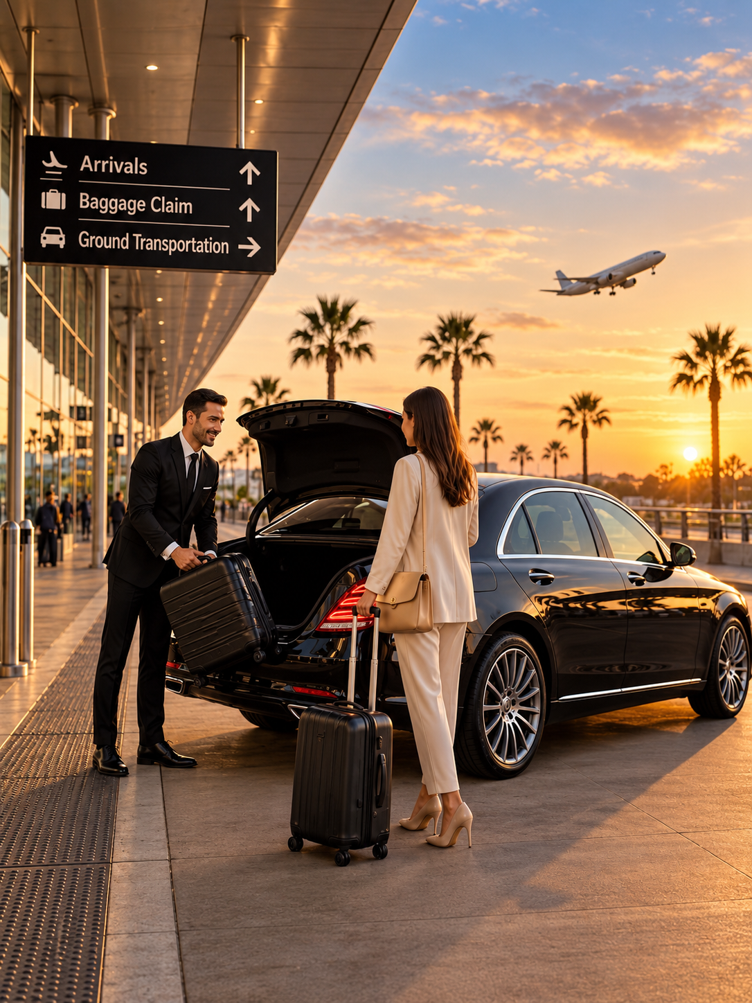 Accueil d’une voyageuse avec ses bagages à la sortie d’un aéroport.