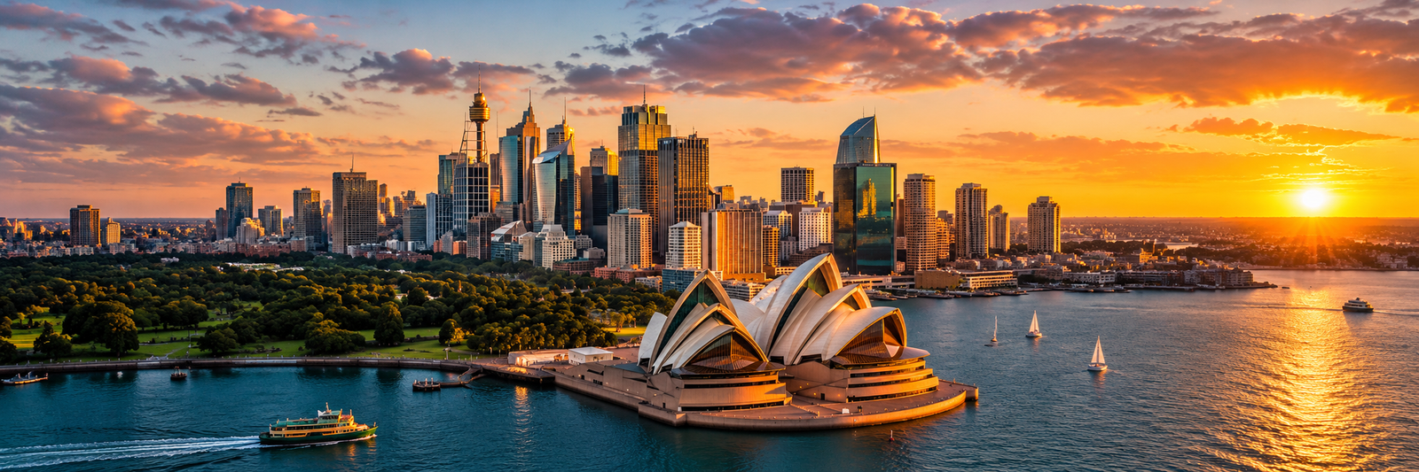 Panorama de Sydney, de son Opéra et de la baie au coucher du soleil.