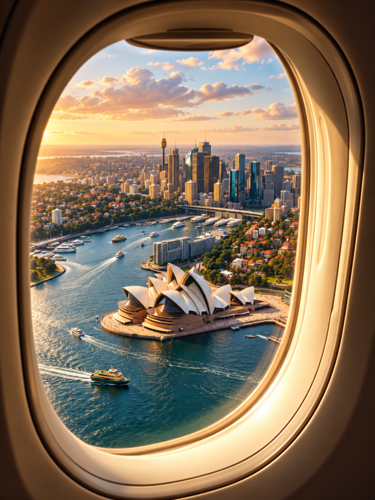 Vue de Sydney et de son Opéra au coucher du soleil à travers un hublot d’avion.